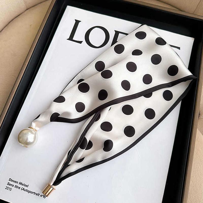 Magnetic Narrow Elegant Satins Neck Scarf Wrap With Pearls Chain Necklace And Buckle For Women Vintage Floral Silk Neckerchief