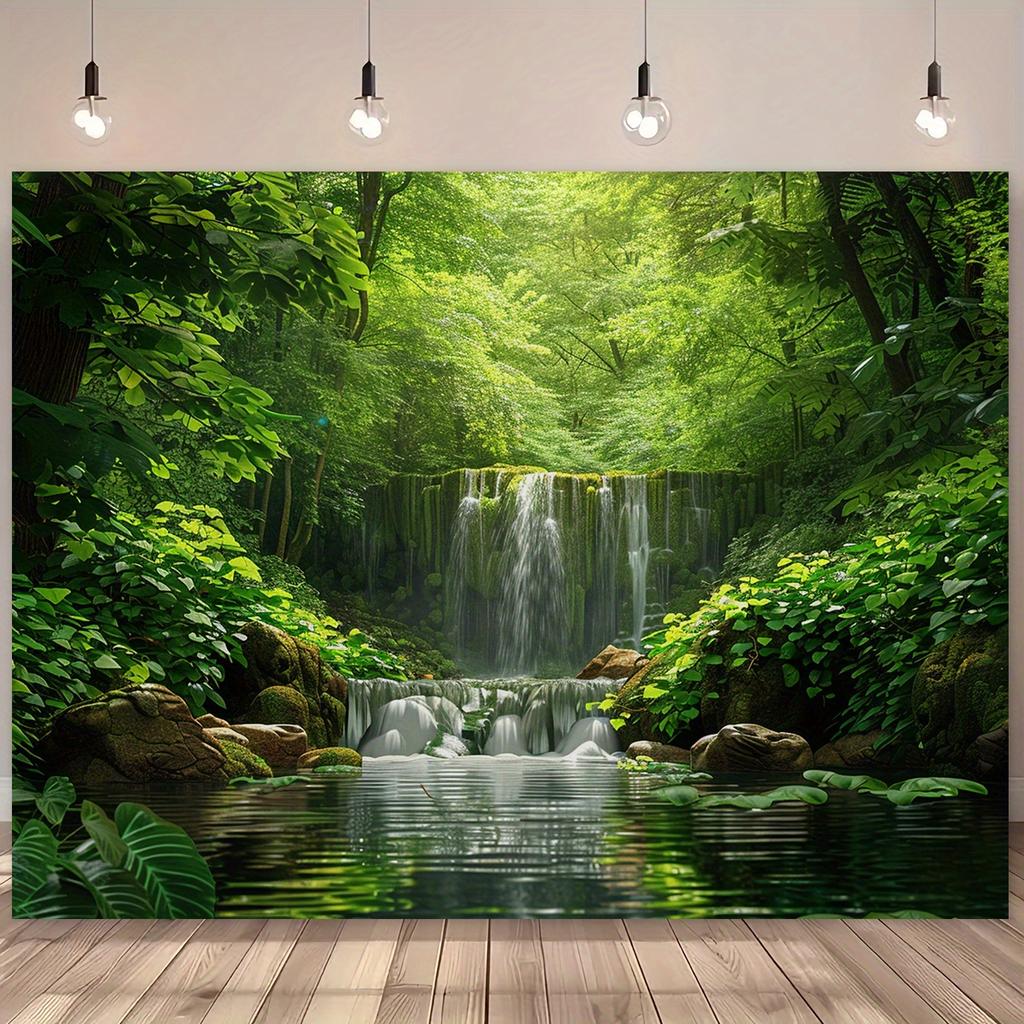 2D planar banner, 1 piece of lush green forest waterfall scenery background fabric - dreamy photography background