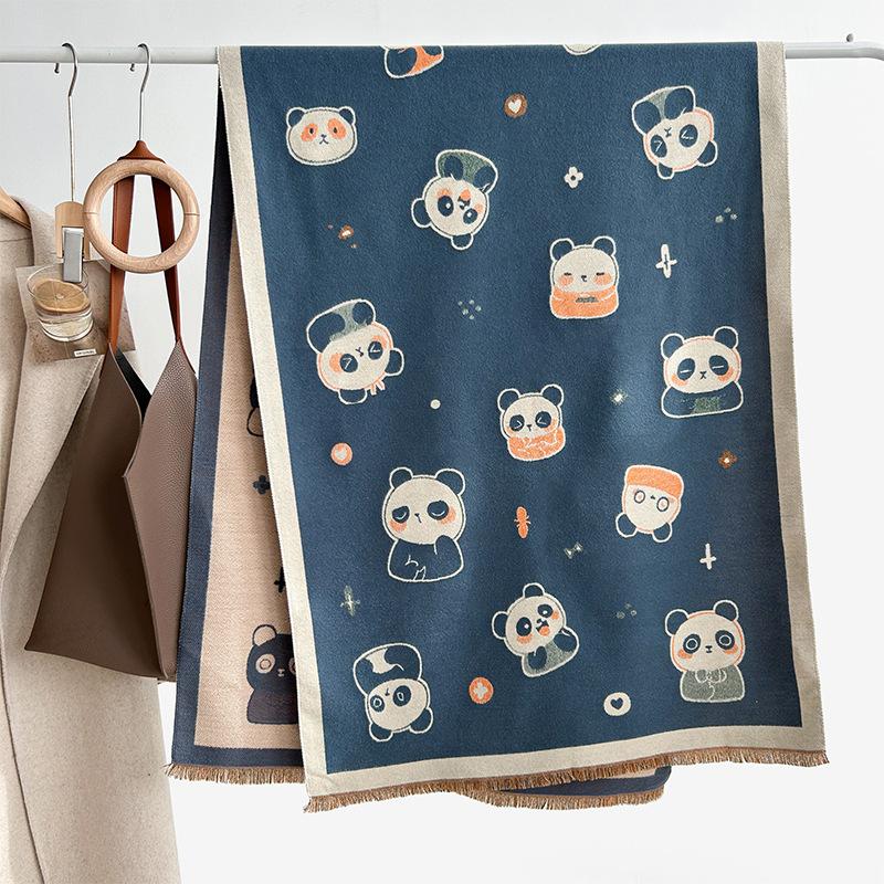 Winter New Cute Panda Scarf Double Sided Imitation Cashmere Shawl Versatile Fashion Thickened Warm Scarf