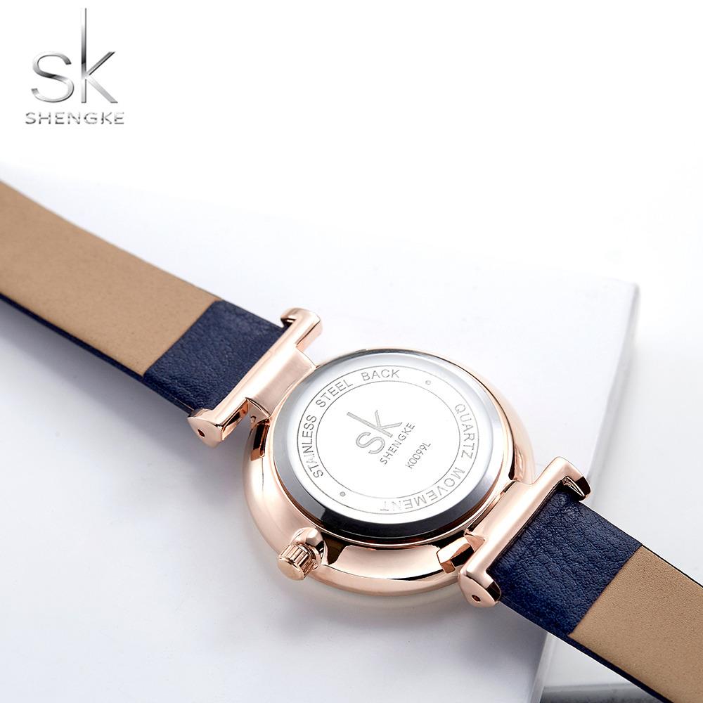 SHENGKE Синие удобные часы с кожаным ремешком для женщин, качественные кварцевые часы Montre Femme с креативным циферблатом, наручные часы Relogio Feminino