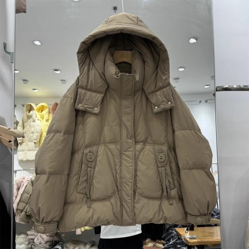 Womens Short Puffer Jacket With Hood White Duck Down Warm Loose Fit Winter Coat Daily Wear