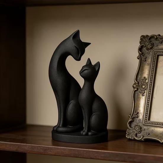 Фигурка Черного Кота 3D Печать Статуэтка Мамы и Котенка Милая Скульптура Животного для Настенной Полки Настольного Декора Подарки для Любителей Кошек