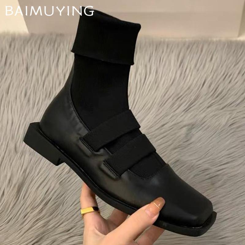 Square Toe Women Sock Boots Mid Calf Knitting Flats Shoes Designer Fashion New Botas 2024 Trend Fashion Dress Botas De Mujer