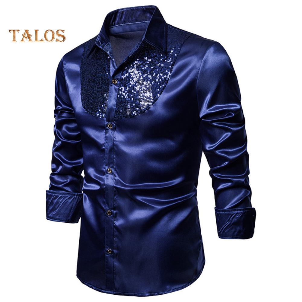 Men Solid Color Long Sleeve Shiny Sequins Buttons Stage Business Nightchlub Shirt