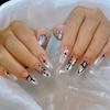 24Pcs Blue Almond Press On Nails With Gold Star Patterns Gentle Romantic Fake Nails For Spicy Girl Manicure