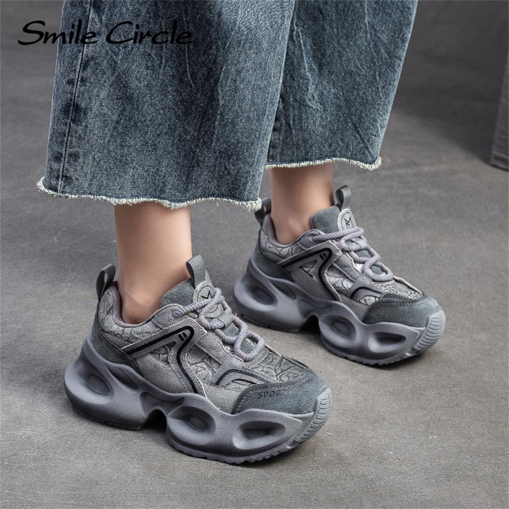 Кроссовки из натуральной кожи с круглым носком и толстой подошвой, удобная модная повседневная обувь