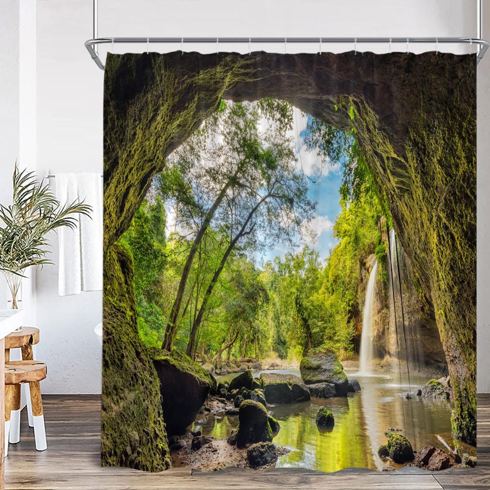 Natural Landscape Waterfall Forest Shower Curtain Scenery Green Leaves Plants Bathroom Decor Polyester Bath Curtain for Home