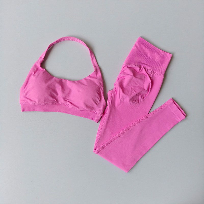 and American Seamless Halter Neck Beauty Back Push-Up Sports Bra and High-Waisted Tight-Fitting Butt-Lifting Fitness Pants Two-Piece Set for Women