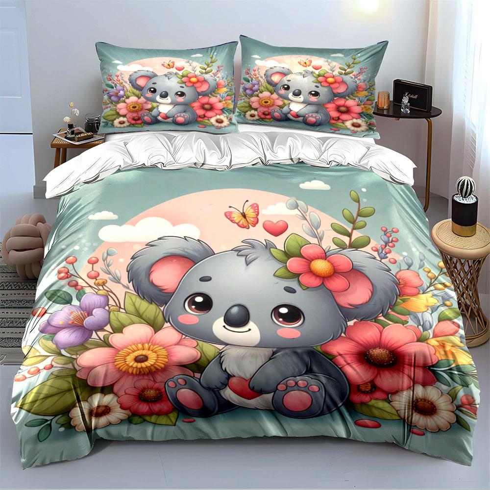 Cute Koala with Flowers Bedding Bedding Duvet Cover Set Duvet Cover Pillowcases (1 * Duvet Cover 2 * Pillowcases, without duvet insert)