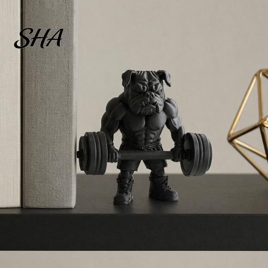 Bulldog Office Ornament 3D Printed Fitness Figurine, Modern Muscular Barbell Dog Frosted Figurine Statue, Black Sculpture for Home Desk Decor