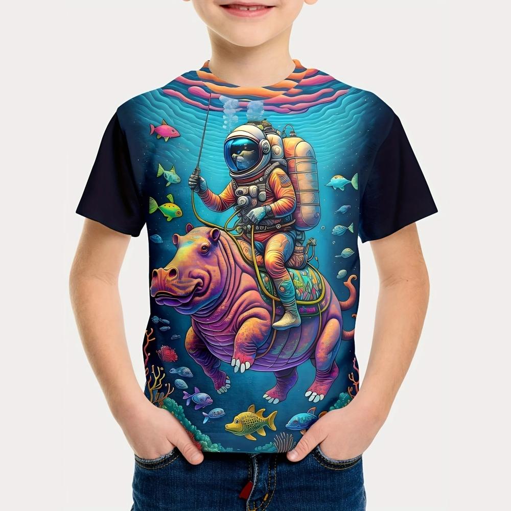Summer Round Neck 3D Printed Cartoon Astronaut Pattern Top Fashionable Casual Short Sleeved Children's Boy T-shirts