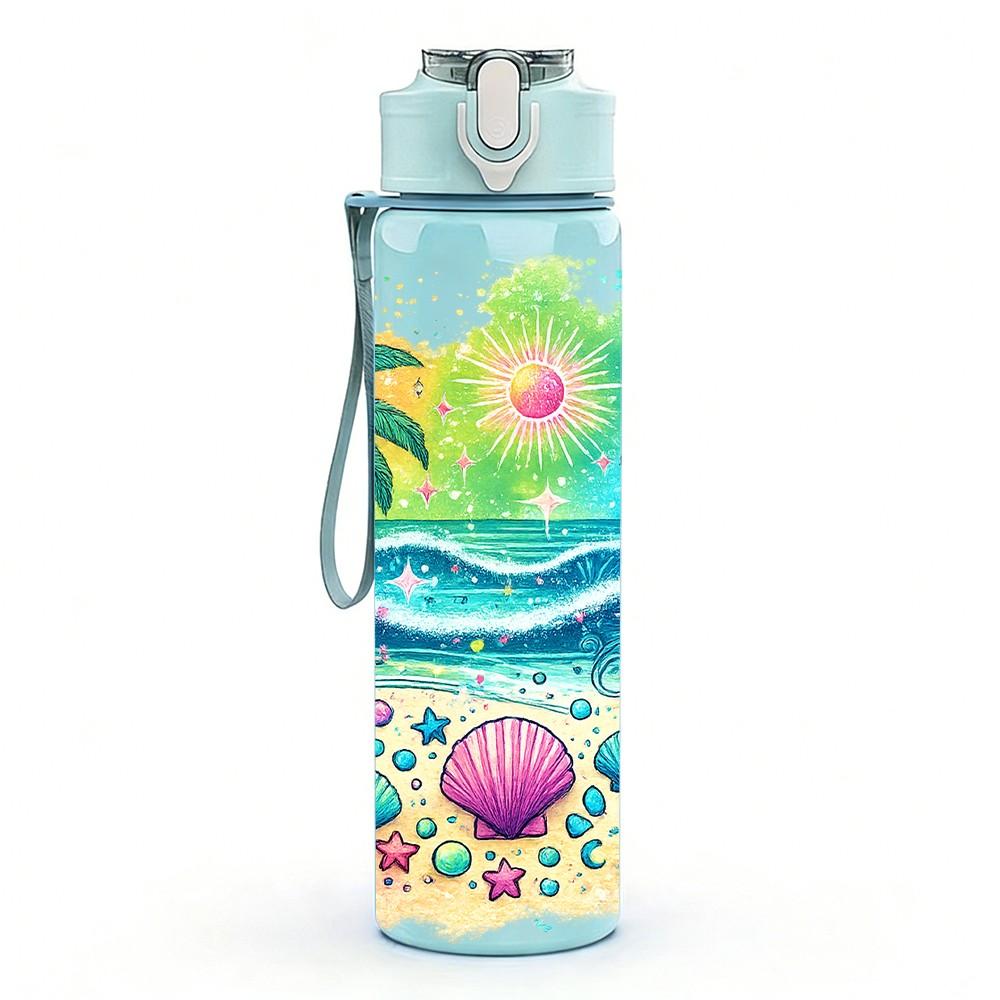 1PC Tropical Beach Palm Starfish Print 750ml Color Plastic Sports Water Bottle Leakproof Flip Straw Lid Suitable for Sports Office Home Use