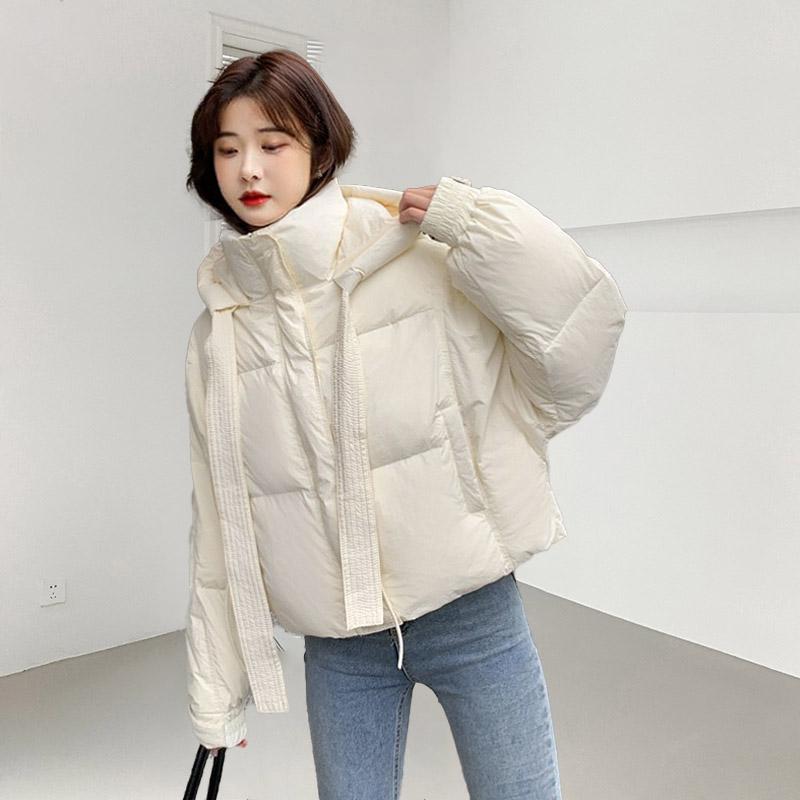 Короткая куртка-пуховик женская толстая белая утиная пуховая куртка с капюшоном однотонная