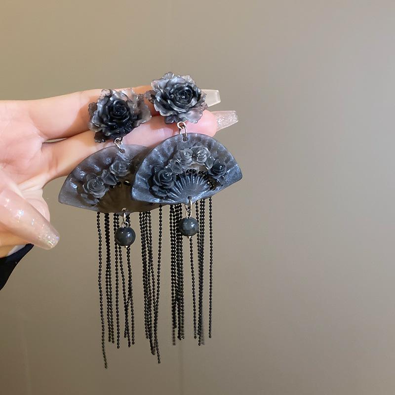 GemChic Women's Earrings Chinese Style Resin Flower Fan Fringe Vintage Long Drop Earrings Birthday Christmas Jewelry Gift