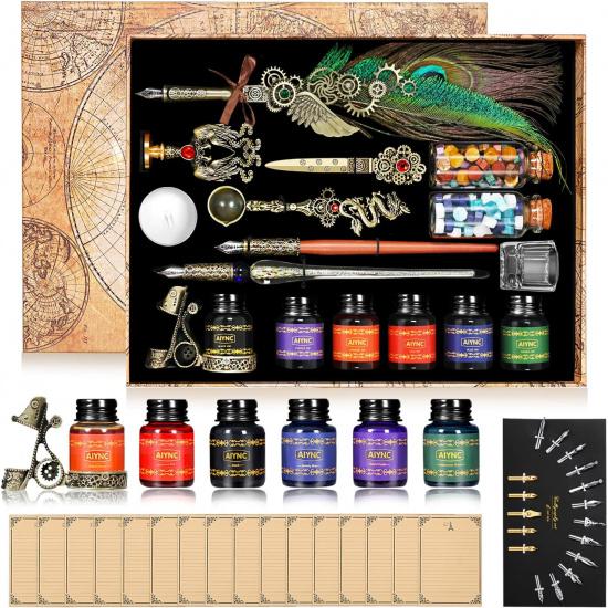 Quill Pen and Ink Set, Feather Pen Ink Set, Wax Seal Stamp Kit, Calligraphy Set, Valentine's Day Gifts for Writing Lovers Birthday Gifts, Ideal