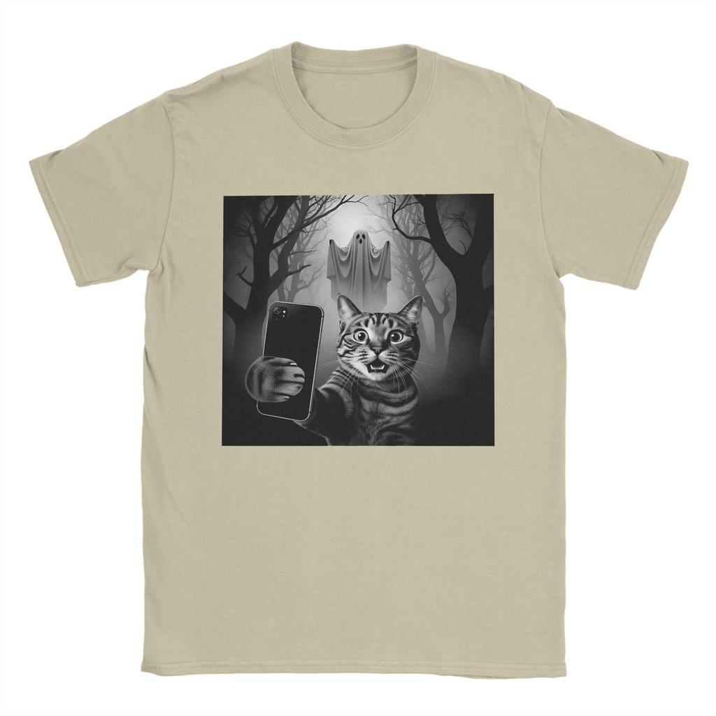 Halloween Cat Selfie with Spooky Ghost Cat Men's T Shirts Novelty Tees Short Sleeve Round Neck T-Shirts Pure Cotton 6XL Tops