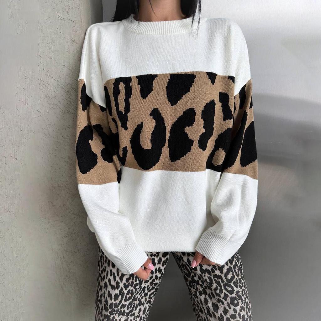 European & American Leopard Print Contrast Sweater - Casual, Loose-Fit, Round Neck Pullover for Women - Perfect for Autumn & Winter.