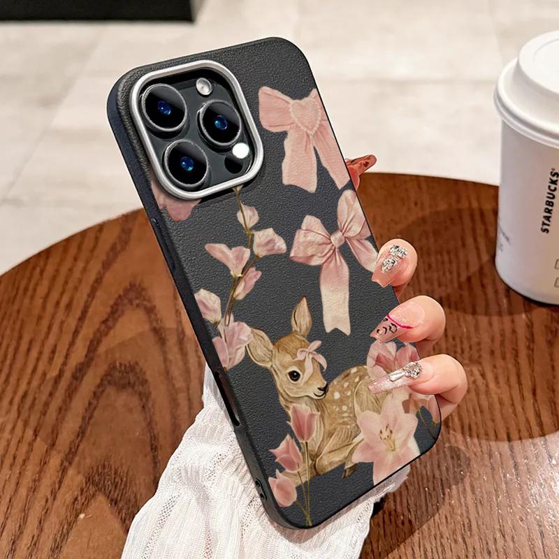 Cute Deer Floral Bow Pattern Phone Case For Samsung Galaxy S25 Ultra S24 S23 S22 Plus S21 FE A16 A26 A36 A56 A55 A54 A53 Cover