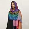 Rainbow Colors Winter Warm Thick Ethnic Style Jacquard Scarf Women Travel Muslim Hijab Cashmere Tassel Shawl Wrap Pashmina