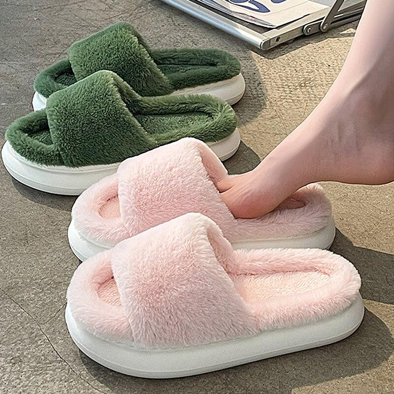 Woman Super Soft Indoor Fur Slippers Winter Platform Warm Plush Slipper Female House Cotton Shoes Bedroom Antiskid Sewing Slides