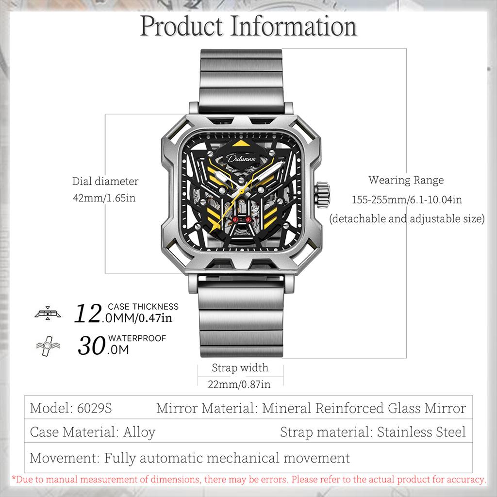 Новая концепция трехмерных квадратных циферблатов с полым циферблатом, мужские прохладные ночные светящиеся водонепроницаемые автоматические механические часы из нержавеющей стали