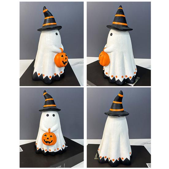 Хэллоуин Статуэтка Привидения Маленькое Белое Привидение с Тыквой Милая Фигурка Привидения из Смолы Настольное Украшение для Внутреннего/Наружного Хэллоуинского Декора