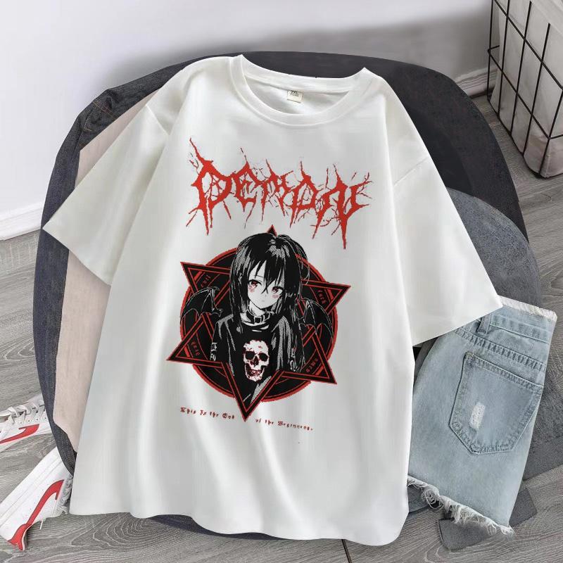 Harajuku T-Shirt Aesthetic Gothic Punk Cartoon Short Sleeve O-Neck Tops Women Summer Loose Oversize Street Clothes
