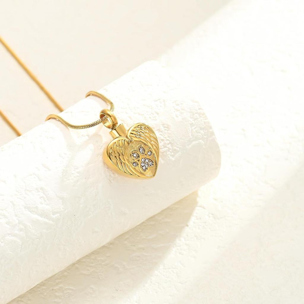 Ожерелье-урна с отпечатком лапы в виде сердца для праха, кремационные украшения для собаки, медальон-кулон в виде сердца с крылом ангела для собаки/кошки