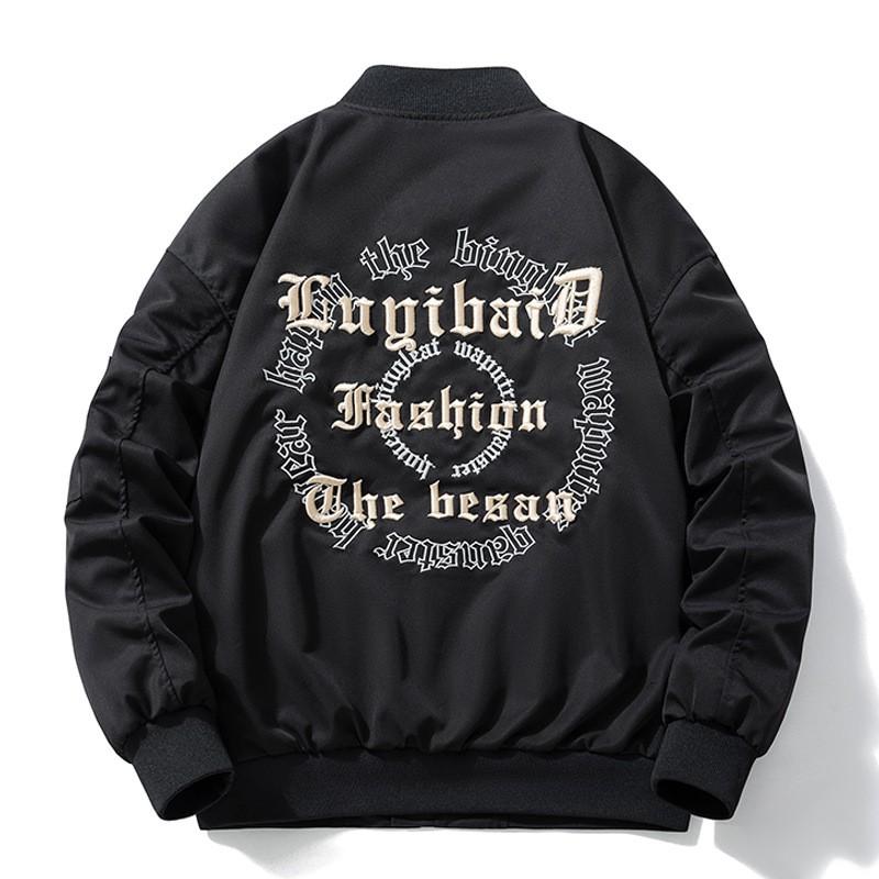 Mens Winter Embroidered Baseball Jacket Casual Loose Fit Hoodless Bomber Style Outerwear Daily Wear