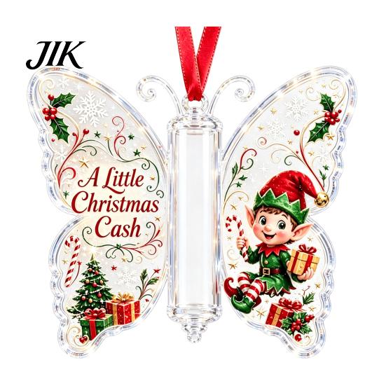 Transparent Acrylic Christmas Pendant Money Holder Ornament, Cash Hanging Decor with Vintage Holiday Surprise Butterfly Print, Party Supplies