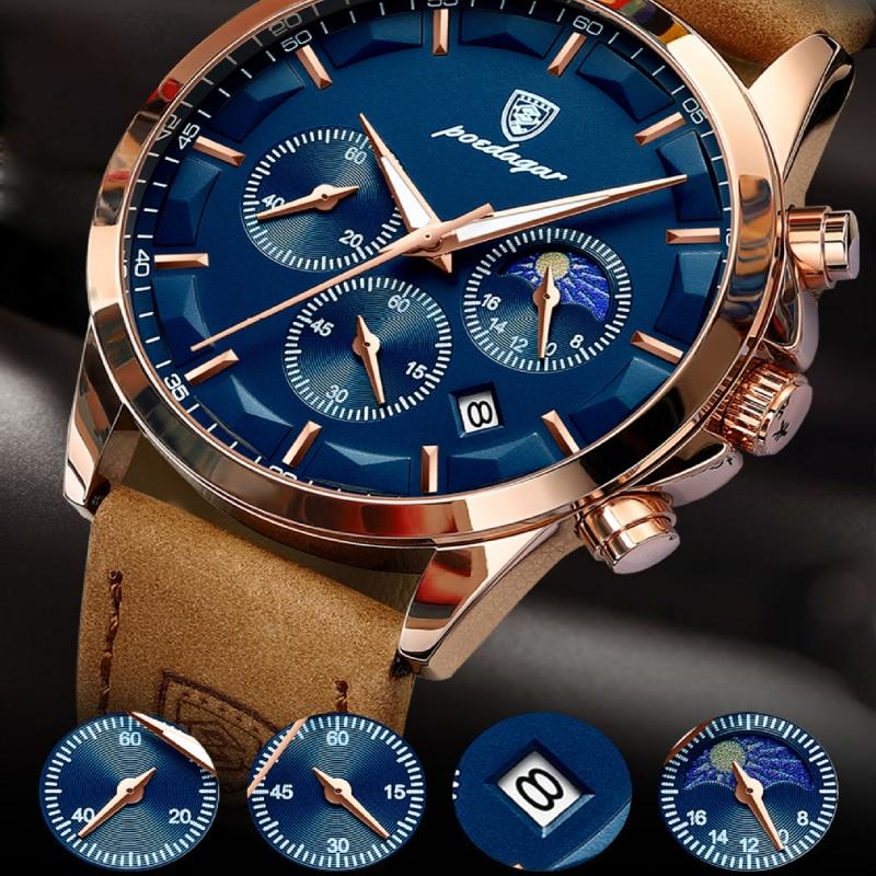 Новейшие модные спортивные часы, многофункциональные стрелки, водонепроницаемый светящийся кожаный ремешок, три дисплея с календарем, роскошные мужские часы