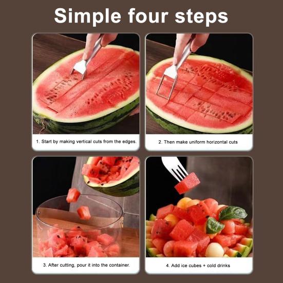 Stainless Steel Watermelon Cutter Dual Head Slicer Serving Fork Dishwasher Safe Fruit Cubing Tool for Picnics BBQ
