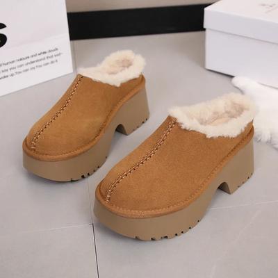Зимние уличные современные тапочки из коровьей замши на высоком каблуке 2024 года, высококачественная женская обувь на квадратном каблуке, однотонные женские тапочки с неглубокой подошвой