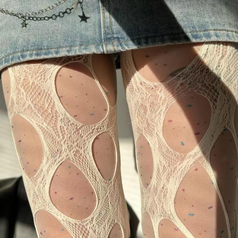 Women Goth Sexy See Through Fishnet Tights Stockings Hollowed Out Irregular Distressed Hole Sheer Mesh Pantyhose