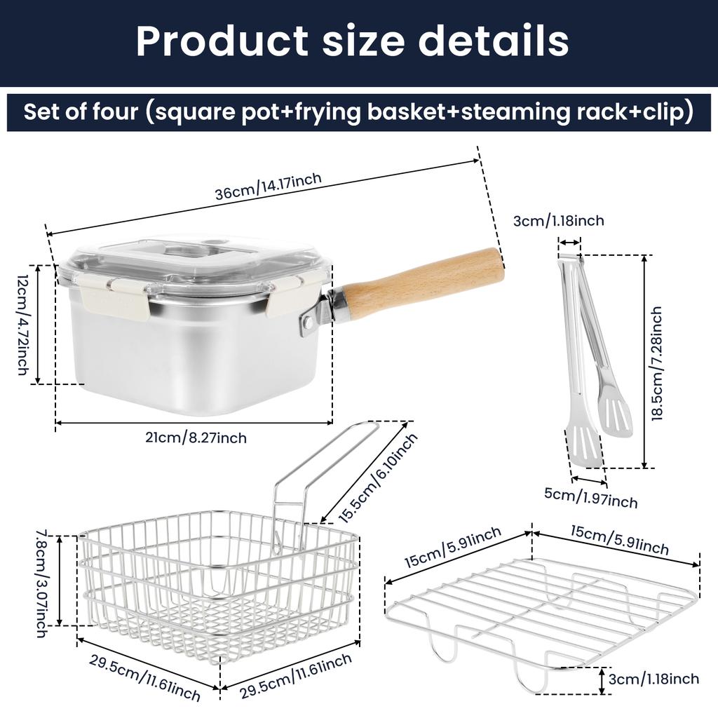 Фритюрница Кастрюля из нержавеющей стали Сковорода для жарки с корзиной и крышкой Переносные квадратные кастрюли для фритюра Пищевые кухонные инструменты