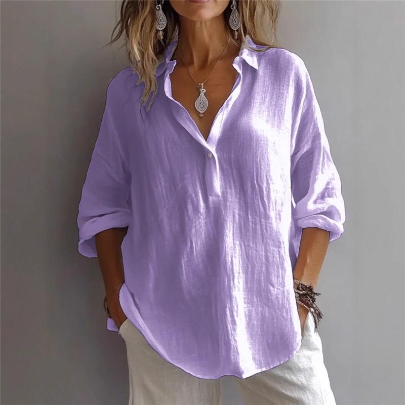 American And Spring And European Summer New Solid Color Casual Loose Large Size Vneck Longsleeved Blouse Shirt