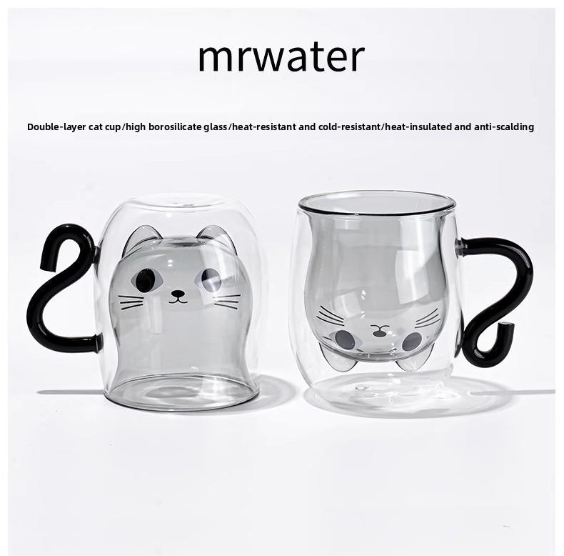 Кружка с кошкой, двухслойная, термостойкая, для молока, милая чашка для девочек, стаканы для воды, домашняя чашка для завтрака, кофейные стаканы, стекло