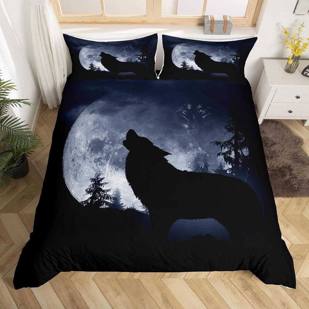 Wolf Warm Comforter Cover King Quen,Safari Animal Beding Set for Young Boys Adult Peoples Wild Wolves Soft Duvet Cover Smoky Mountain Comfortable