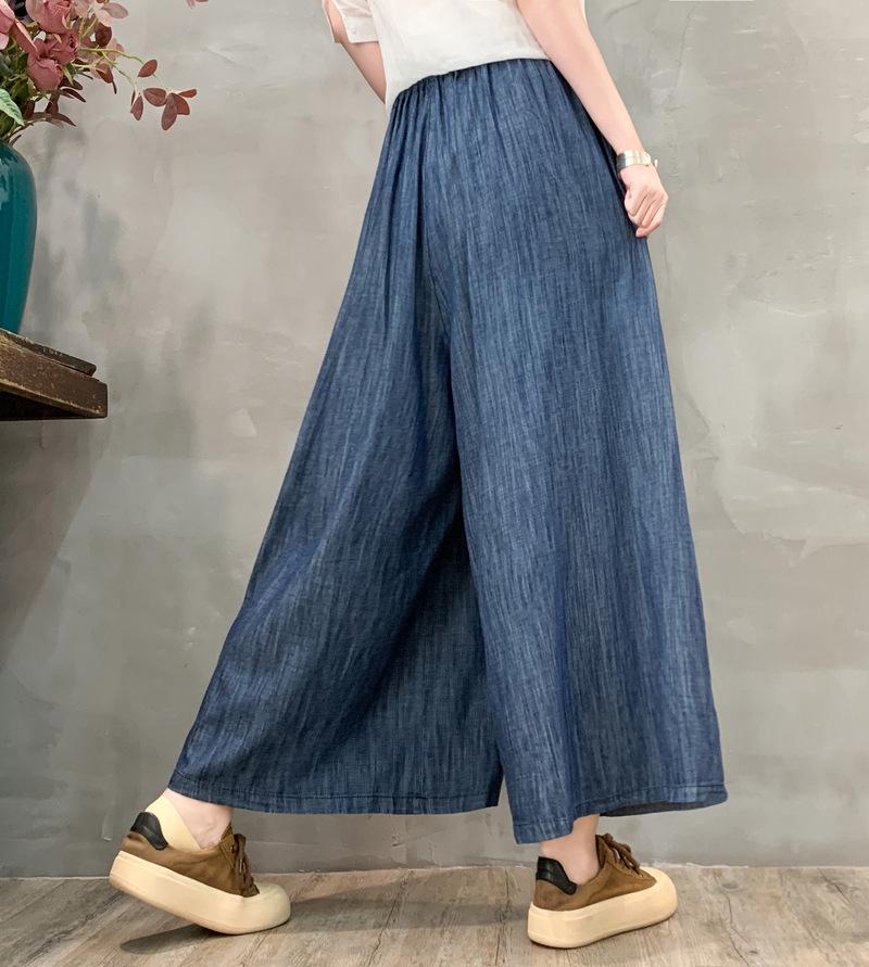 2025 Spring Women's Plaid Patchwork Wide-Leg Jeans with Elastic Waist & Drawstring