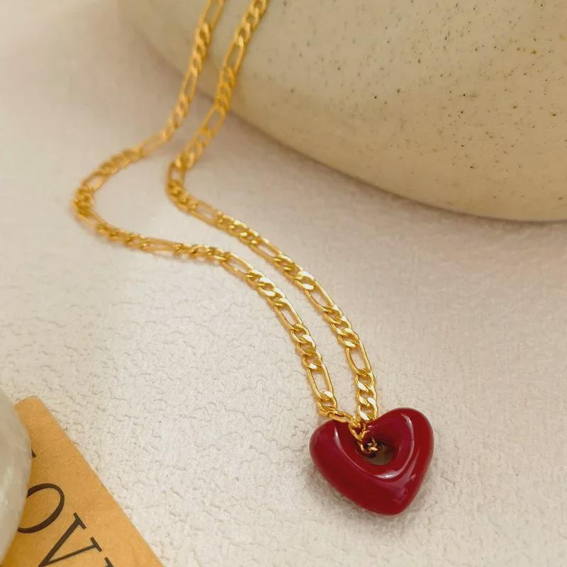 High-Grade Wine Red Heart Necklace & Earrings - Copper Plated, Real Gold, Simple Hong Kong Style Clavicle Chain