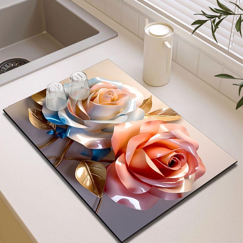 3D Floral Diatom Mud Drain Pad - Теплоизоляционный, Быстросохнущий, Нескользящий Коврик для Кухни