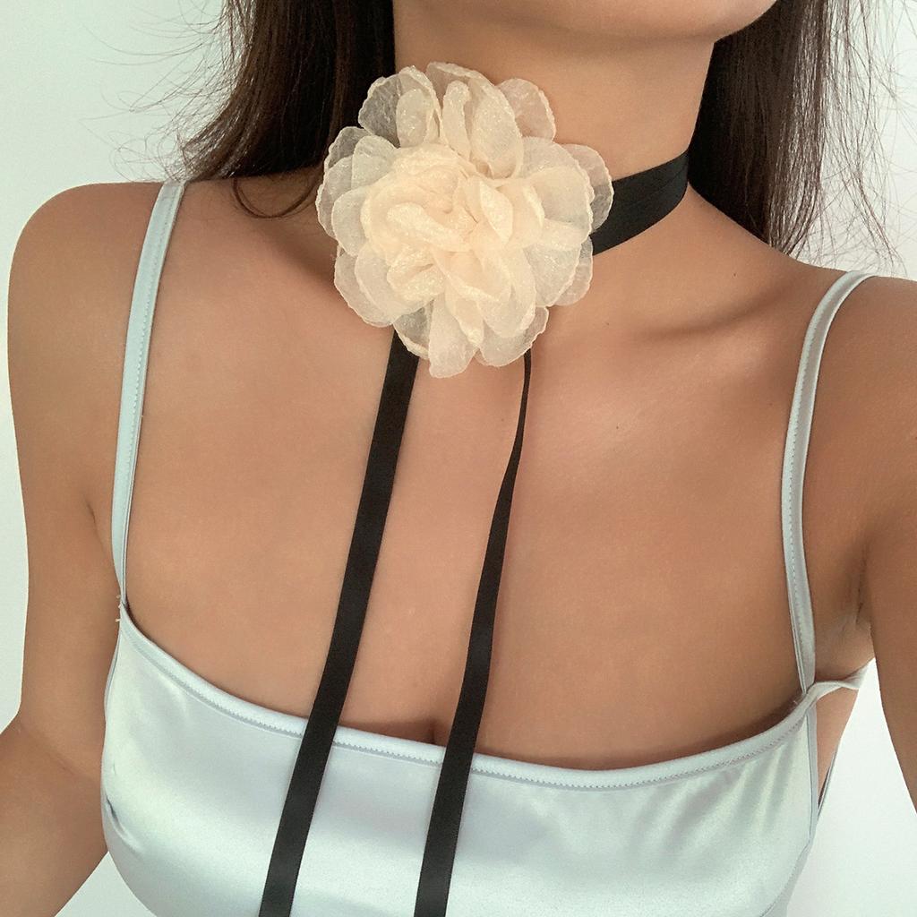 Stylish Retro French Big Flower Chocker Necklace Fringed Lace Tied Neck Chain Female