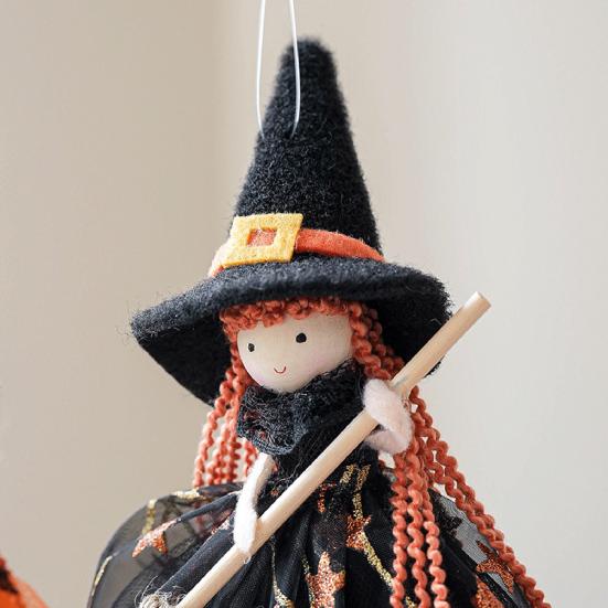 Halloween Witch Doll Decor with Broom Small Witch Figurine with Gauze Skirt Kitchen Hanging Witch Ornament for Room Door Window Halloween Decor