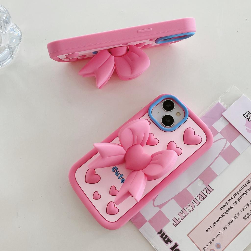 Cute Cartoon 3D Bow-knot Bracket Phone Case for iPhone 11 12 13 14 15 Pro Max 12 Pro 13 Pro 14 Pro Max Anti-drop Soft Silicone Cover