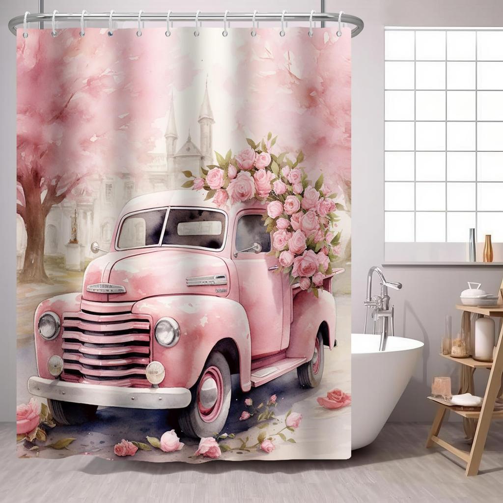 Pink Truck Rose Shower Curtain Car With Pink Flower Floral Fabric Shower Curtains Fashion Woman Girl Shower Curtin Bathroom