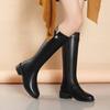 Осень/Зима Новые Женские Длинные Сапоги Теплые На Низком Каблуке Боковая Молния Пряжка Ремня Стройнящие Сапоги До Колена Черные Рыцарские Сапоги