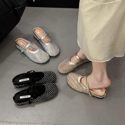 Летние туфли Мэри Джейн со стразами, тапочки с открытой пяткой, женские, 2025, новая летняя обувь, сандалии, полузакрытые тапочки