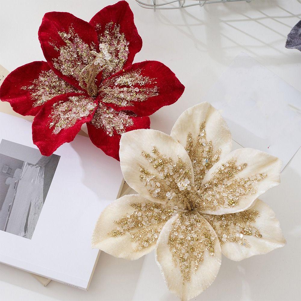 Glitter Artificial Christmas Flower Velvet Simulation Flower Christmas Poinsettia  Home Decoration