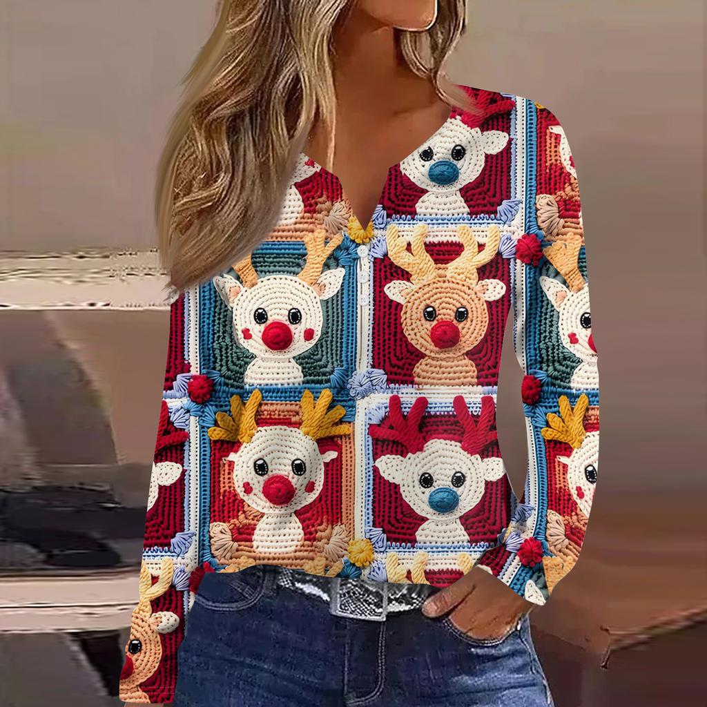 Женская модная повседневная футболка с V-образным вырезом, на пуговицах, с длинным рукавом, с рождественским принтом