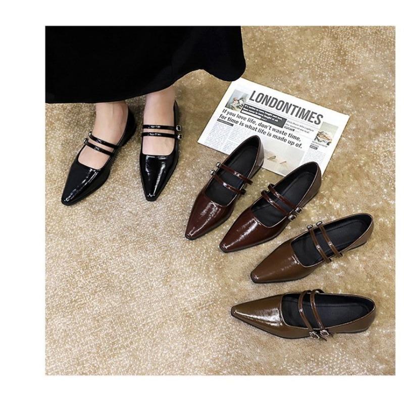 Туфли Мэри Джейн с острым носком, модные туфли с мелкой пряжкой, женские повседневные туфли на низком каблуке из кожи